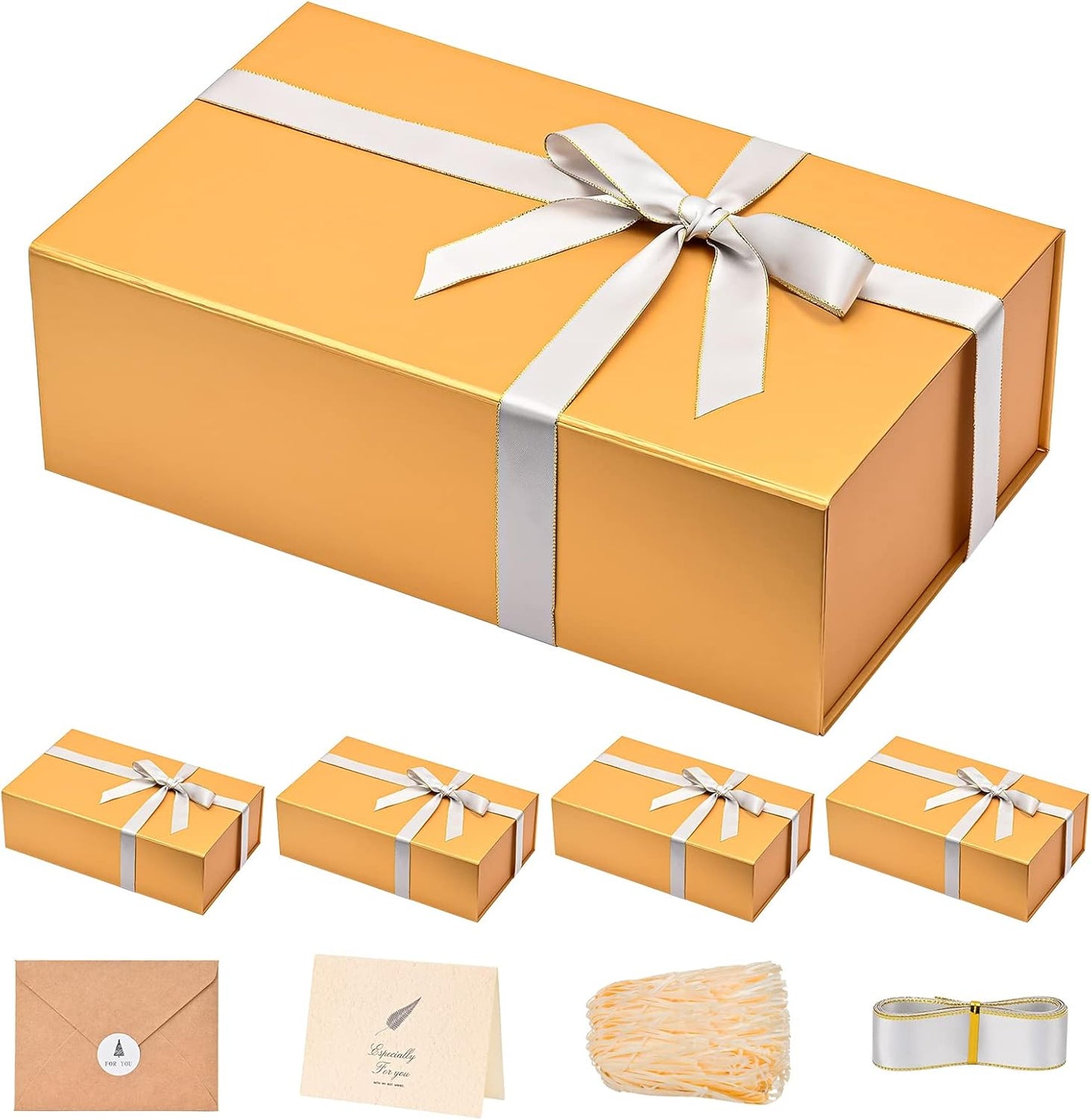 LIFELUM Gift Boxes with Lids for Presents 5 Pack 13.85 x 8.35 x 4.45 inch Gold Gift Boxes with Ribbon,Card,Shredded Paper Filler Gift Box for Valentine's day,Christmas