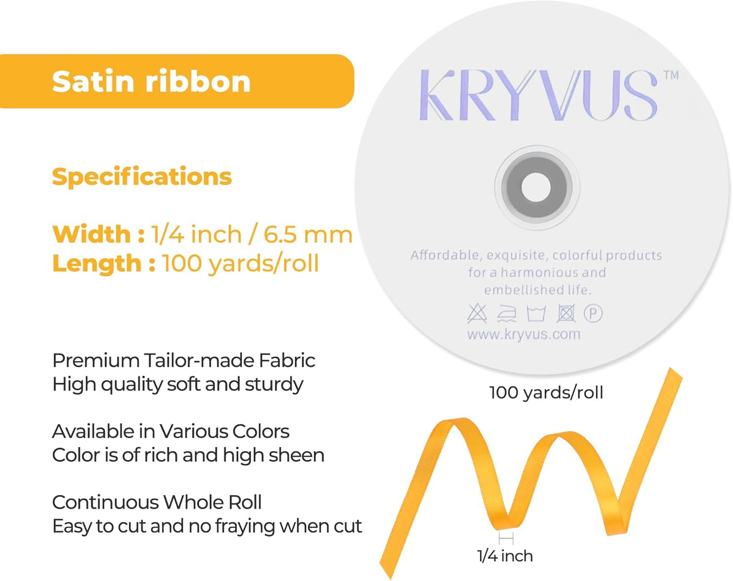 Yellow Satin Ribbon 1/4 inch X Continuous 100 Yards, Single Face Polyester Ribbon Perfect for Gift Wrapping, Flower Bouquet, Wedding Decor, Crafts, Bow Making, Sewing and More