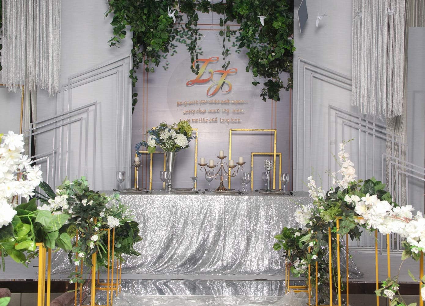 SquarePie Sequin Tablecloth 90 x 132 Inch Silver Sparkly Table Linen for Wedding Party