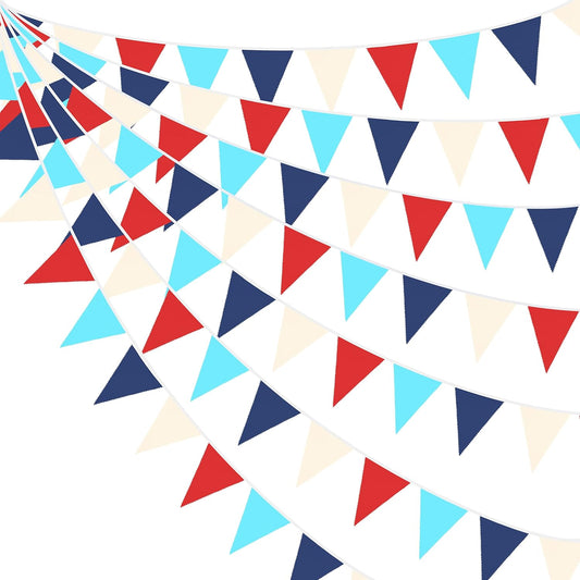 32Ft Red Blue White Nautical Pennant Banner Fabric Triangle Flag Bunting Garland Streamer for Nautical Theme Birthday Ahoy Achor Pirate Baby Shower Wedding Party Home Outdoor Garden Hanging Decoration