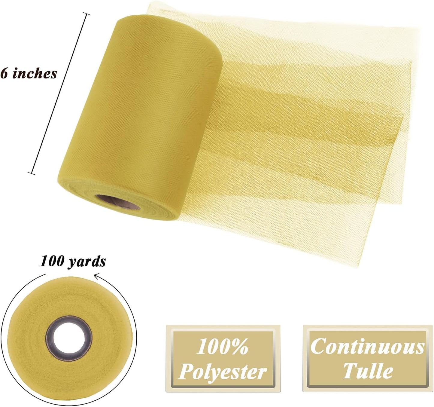 Amber Gold Tulle Fabric Roll 6”by 100 Yards (300 ft) Soft Tulle Spool for DIY Crafting Favor Supplies, Tutus, Wedding, Party Decorations, Gift Wrapping