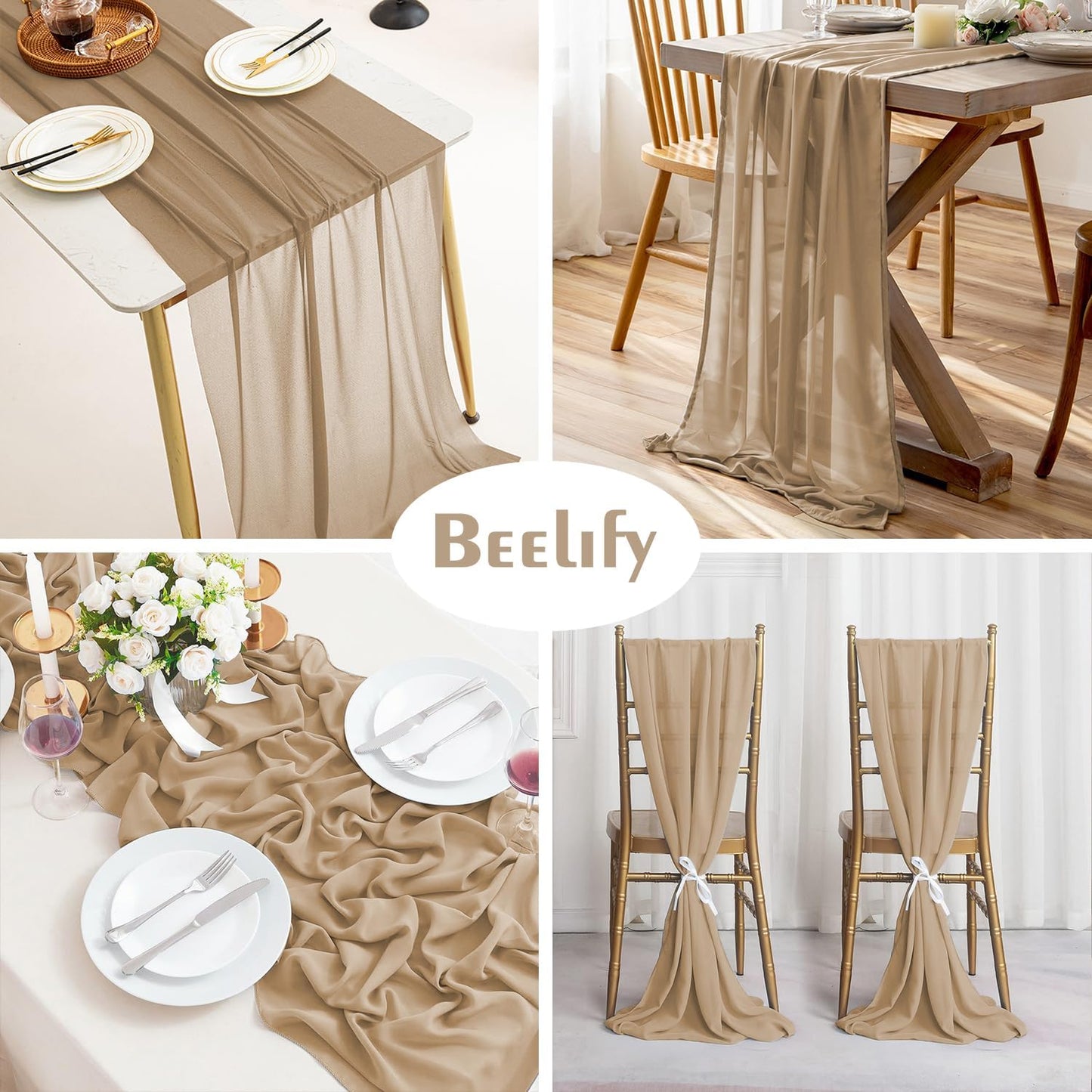 6 Pack 10 Ft Chiffon Table Runner Beige Gauze Long Table Runners 27x120 Inches Sheer Tulle Table Runner for Rustic Wedding Reception Bridal Shower Decorations Birthday Party