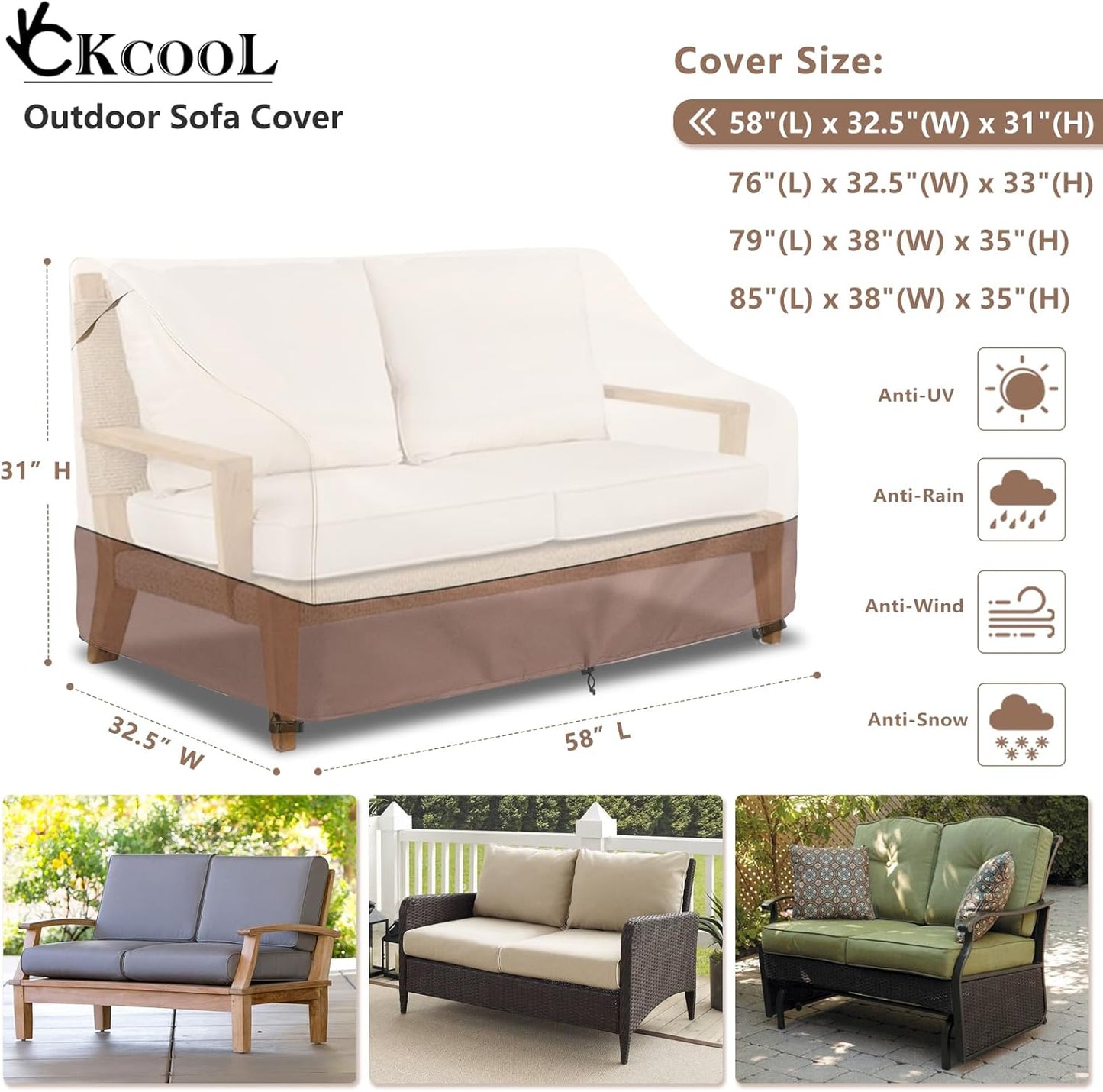 Okcool Heavy Duty Patio Sofa Cover, 100% Waterproof 2-Seater Outdoor Sofa Cover Fits up to 58W x 32.5D x 31H Inches, Lawn Patio Furniture Covers,Beige & Brown