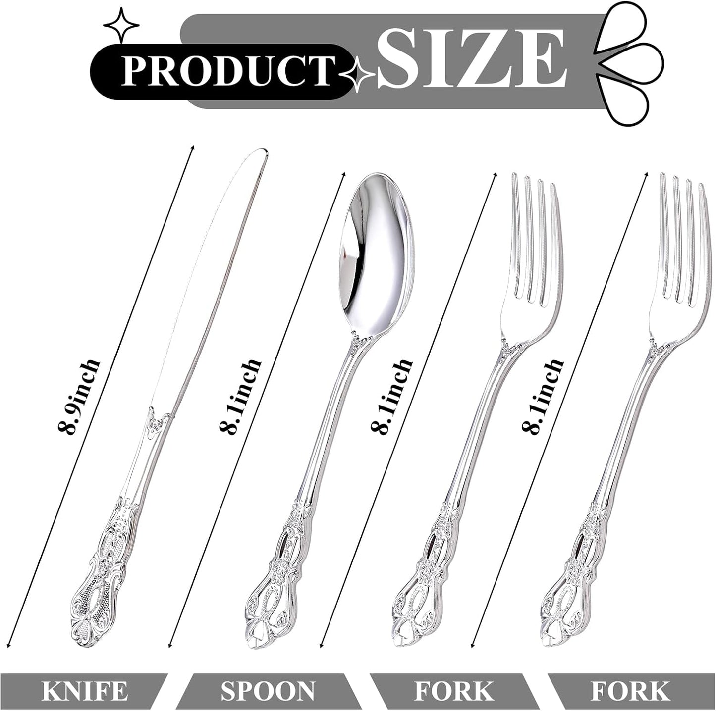 40PSC Silver Plastic Cutlery - Vintage Silver Disposable Silverware - Heavyweight Plastic Utensils with 20 Forks, 10Knives, 10 Spoons For Catering, Parties, Dinners and Weddings