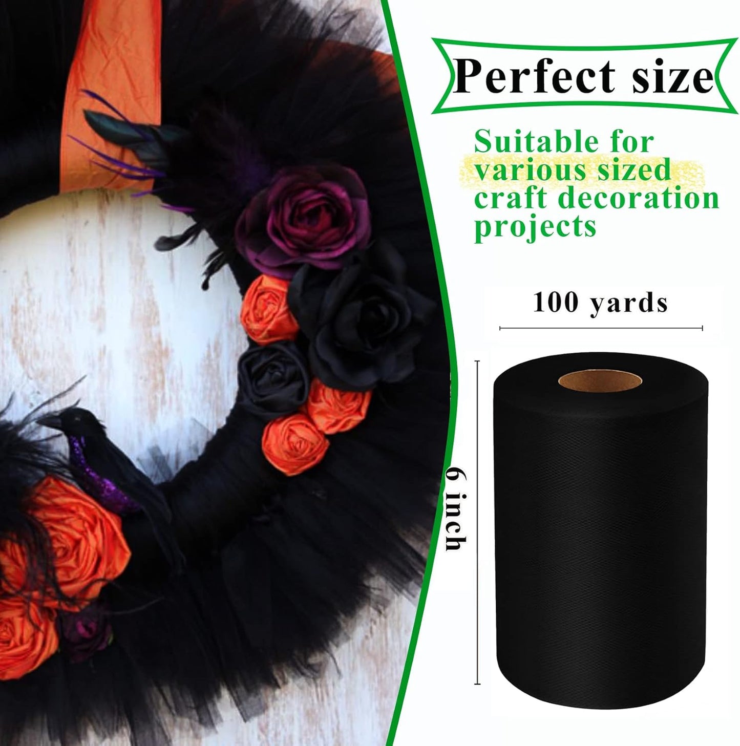 Black Tulle Fabric Rolls 6 Inch by 100 Yards (300 feet) Fabric Spool Tulle Ribbon for DIY Black Halloween Tutu Bow Baby Shower Birthday Party Wedding Decorations Christmas Craft Supplies