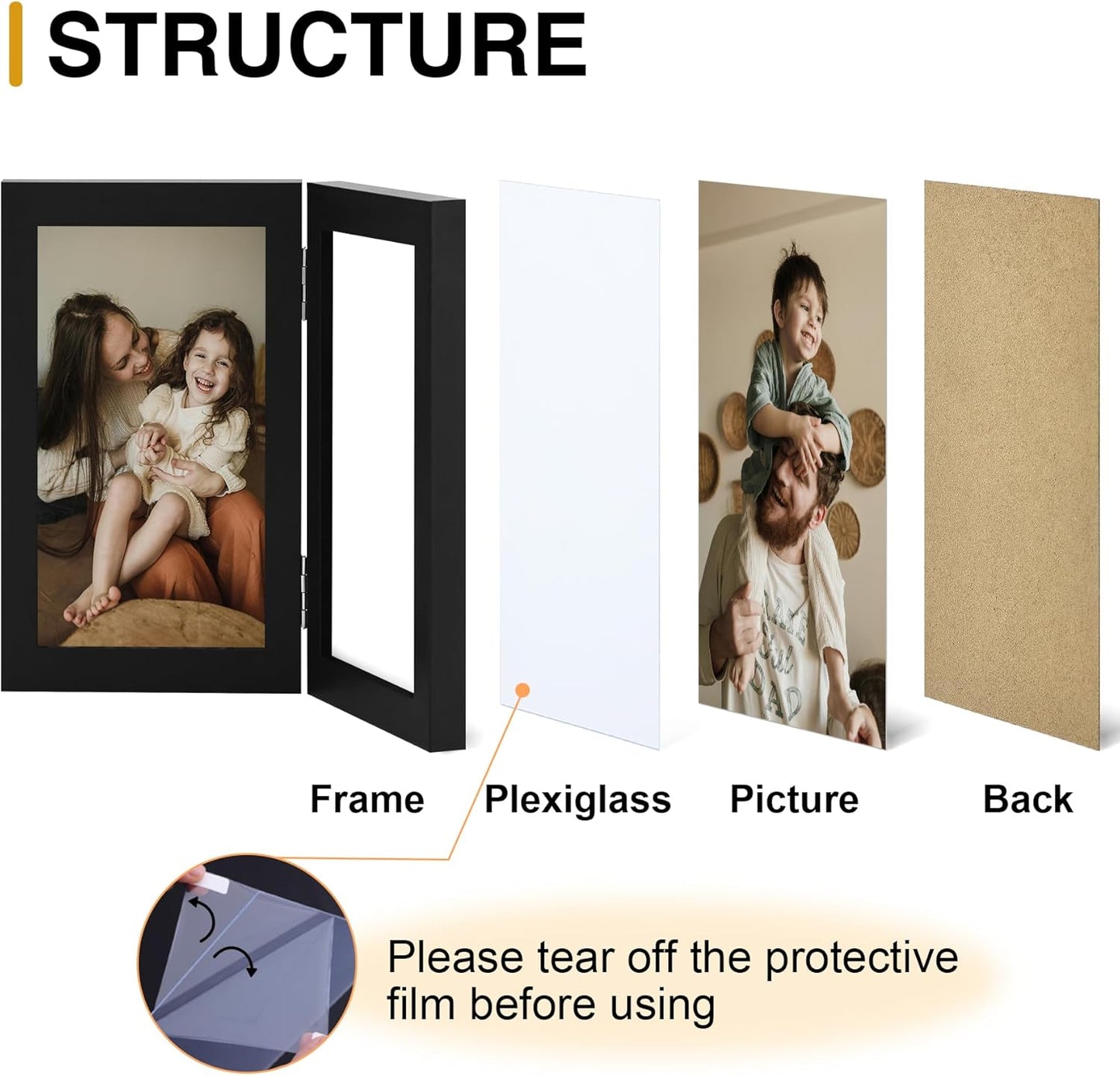decorUhome Double 8x10 Picture Frame Vertical, Engineered Wood Bifold Photo Frame with Plexiglass for Tabletop Display, 8x10, Black