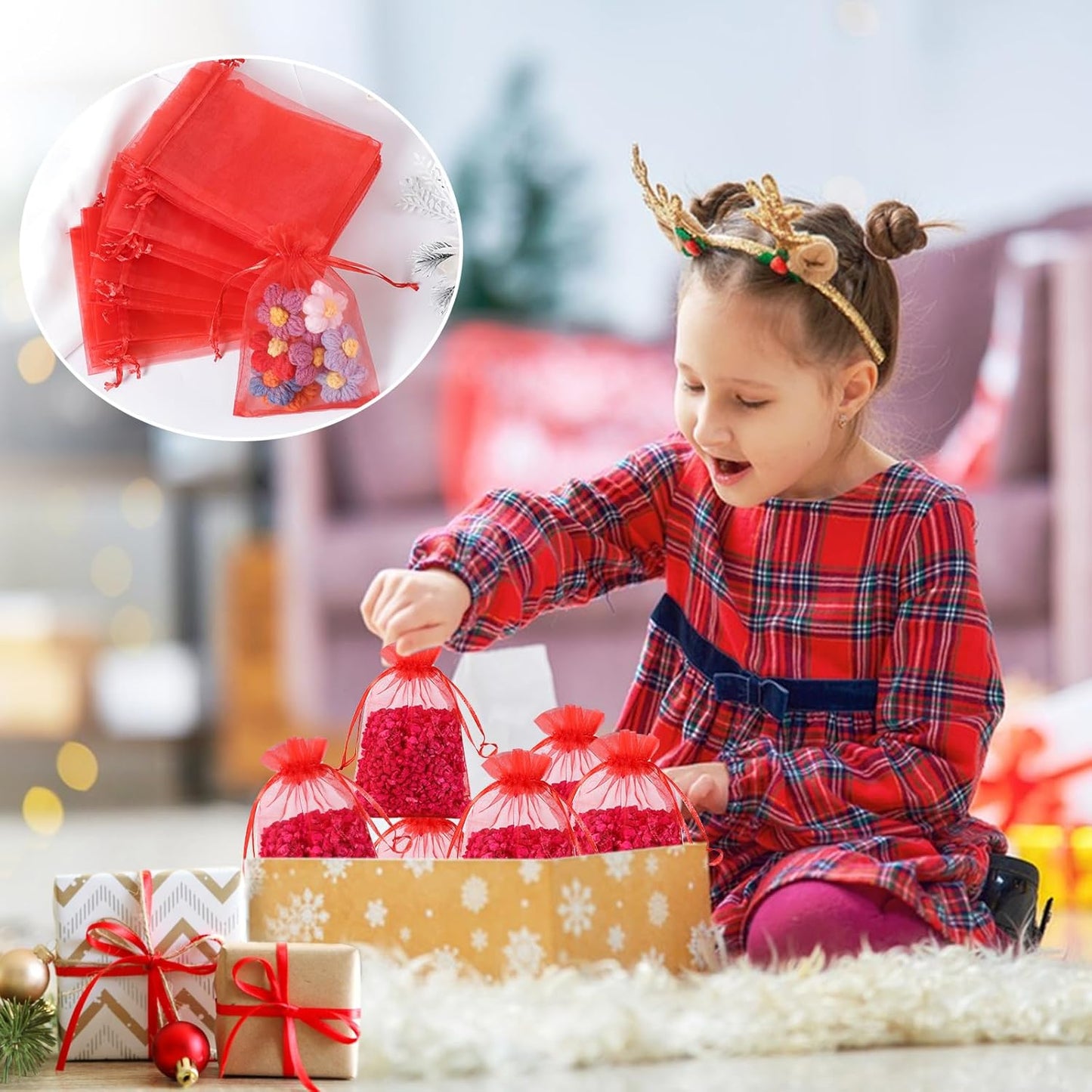 Hopttreely 50pcs Organza Gift Bags, Red Jewelry Gift Bags, 4x6inch Wedding Favor Bags with Drawstring, Small Mesh Gift Pouches Mini Candy Bags for Valentienes Party