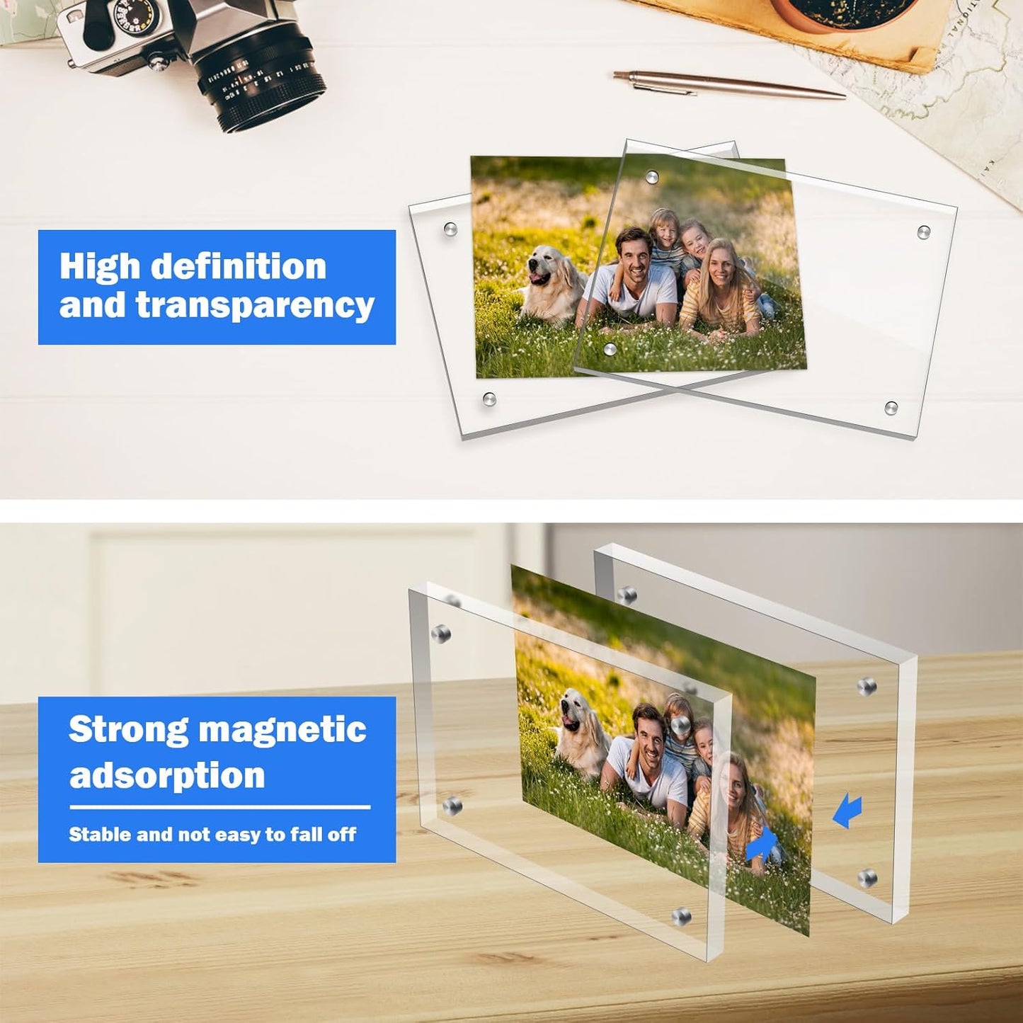 4×6 Inches Acrylic Picture Frame，Clear Magnetic Picture Frame for Wedding，Double Sided Frameless Photo Frame for Desktop Free Standing， Display Stand Picture Frames