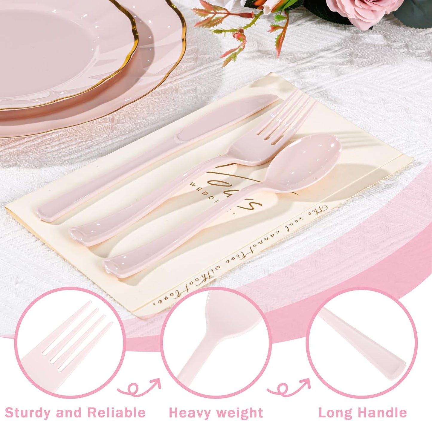 Supernal 300 Pieces Pink Plastic Silverware Heavy Duty Disposable Silverware Pink Utensils Disposable Cutlery Set 100 Forks 100 Knives 100 Spoons for Wedding Party Supplies Everyday Use