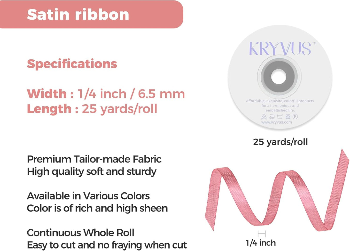 Rose Gold Satin Ribbon 1/4 inch X Continuous 25 Yards, Single Face Polyester Ribbon Perfect for Gift Wrapping, Flower Bouquet, Wedding Decor, Crafts, Bow Making, Sewing and More