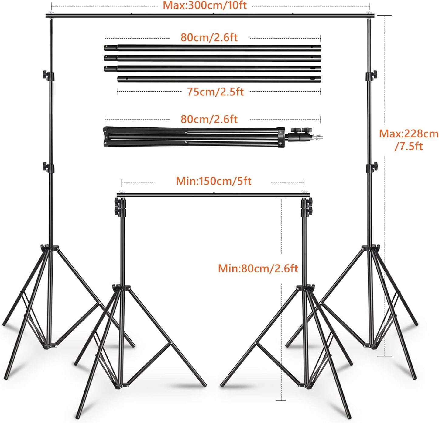 Backdrop Stands, MSKIRA Photo Backdrop Stand Kit 10ft X 7.5ft, Back Drop Adjustable Stand, Background Support System for Studio Portrait Photoshoot, Wedding Parties, with Clamps, Sandbags, Carry Bag