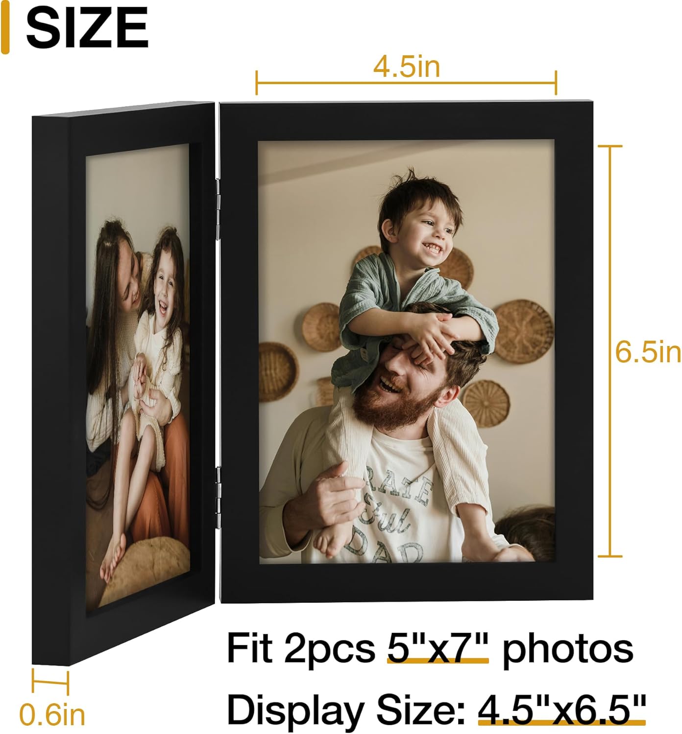 decorUhome Double 5x7 Picture Frame Vertical, Engineered Wood Bifold Photo Frame with Plexiglass for Tabletop Display, 5x7, Black