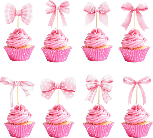 24pcs Coquette Bow Cupcake Toppers Pink Bow Coquette Birthday Cake Decorations for Bachelorette Bridal Engagement Wedding Girl Baby Shower Bow Theme Party Decor