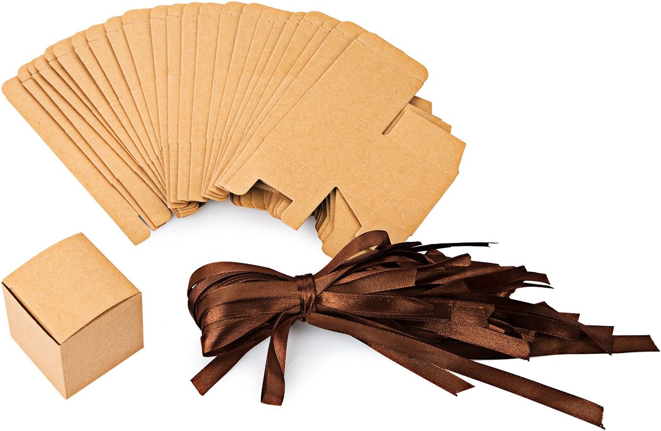 AWELL Kraft Gift Candy Box Bulk 2x2x2 inches with Brown Ribbon Party Favor Box,Pack of 50