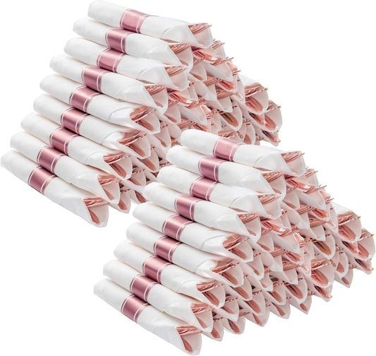 BESTVIP 100 Pack Pre Rolled Rose Gold Plastic Silverware Set, Disposable Wrapped Cutlery Set with 100 Napkins, 100 Knives, 100 Forks and 100 Spoons for Party, Birthday