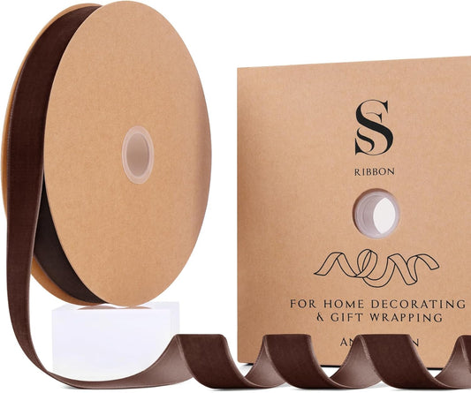 Brown Christmas Velvet Ribbon for Tree, Gift Wrapping, Flower Bouquet, Wreath Decorations, Bow Making 1'', 25 Yards