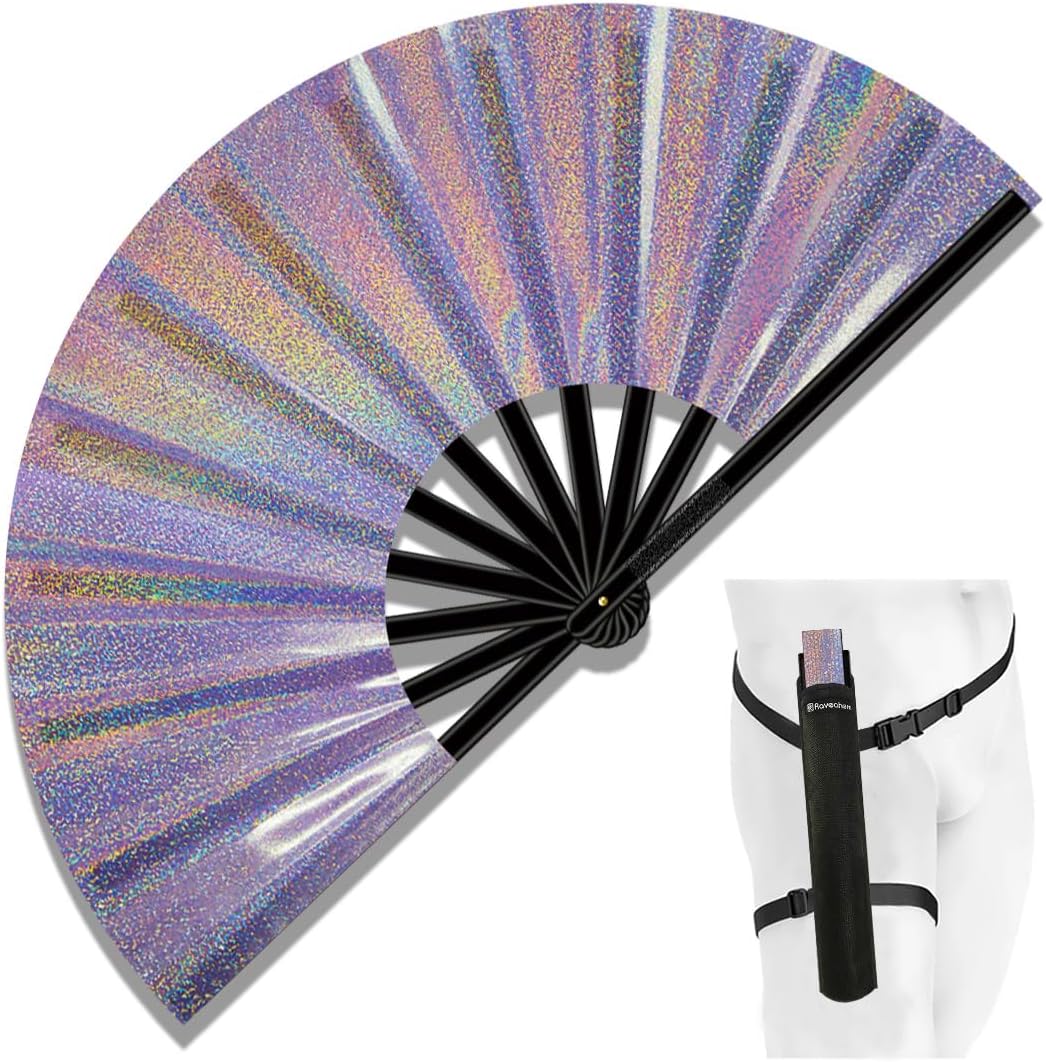 13" Large Folding Rave Fan with Holster, Clack Hand Fans Foldable for Line Dancing, Boots On The Ground Fan for Women Men Festival EDM Party Decoration, Lridescent Purple