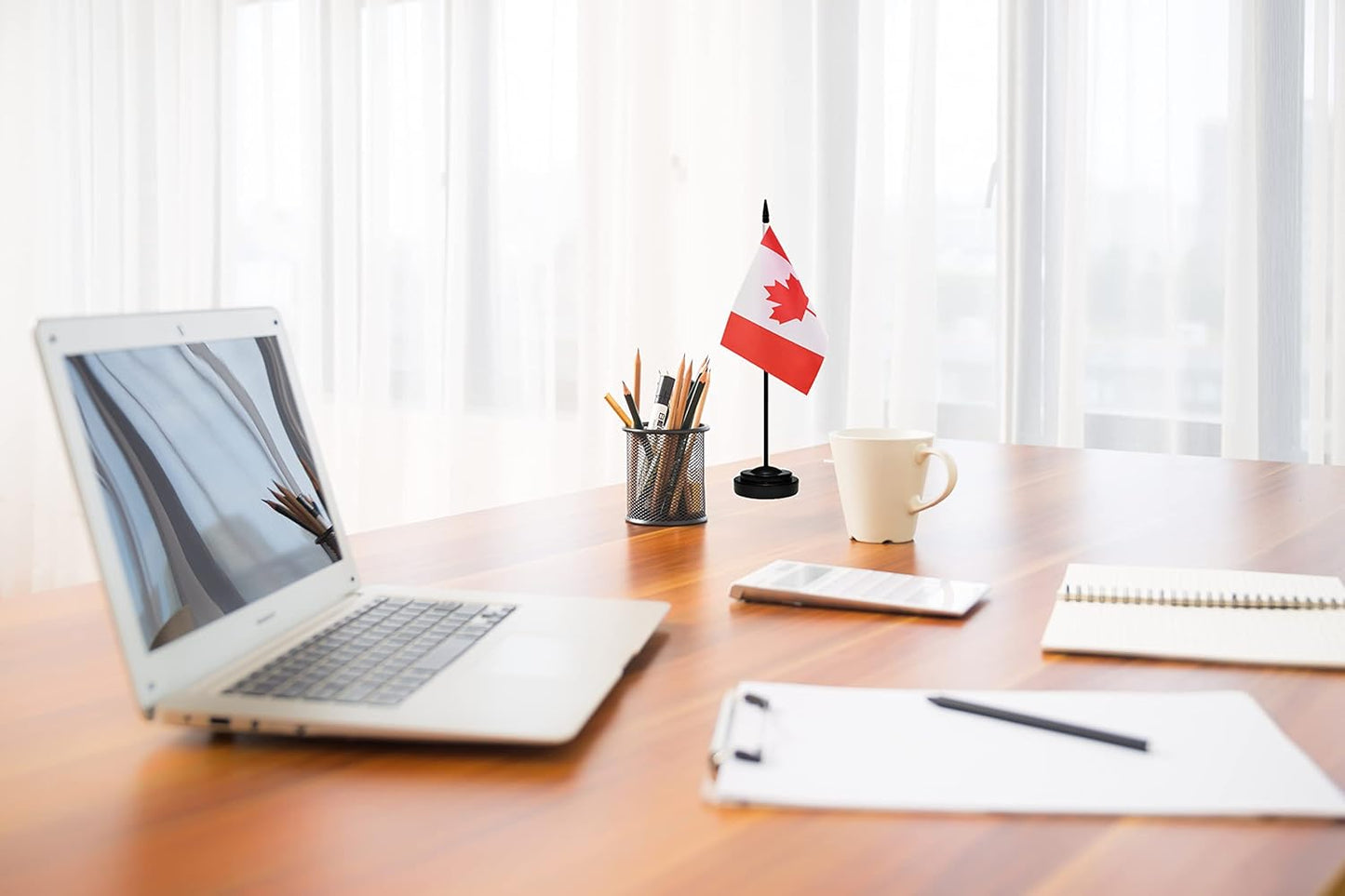 Canada Canadian Deluxe Desk Flag Set Small Mini Miniature CA Canadian Table Desktop Flags With Solid Pole, Black Base and Spear Top(2 Pack)