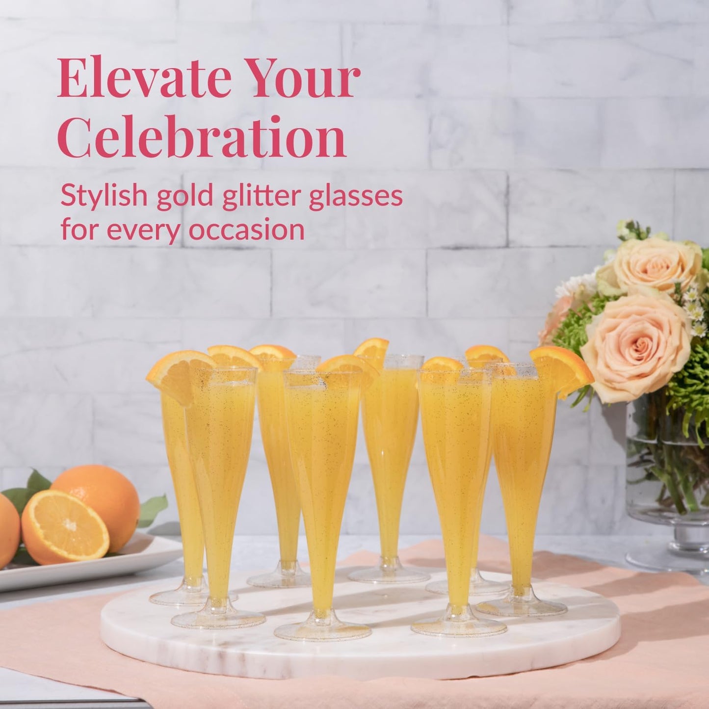 Prestee 100 Gold Plastic Champagne Flutes - 4.5 oz Disposable Champagne Glasses for Toasting at Weddings, Mimosas, Cocktails, Great Gatsby Party Decorations, and Events