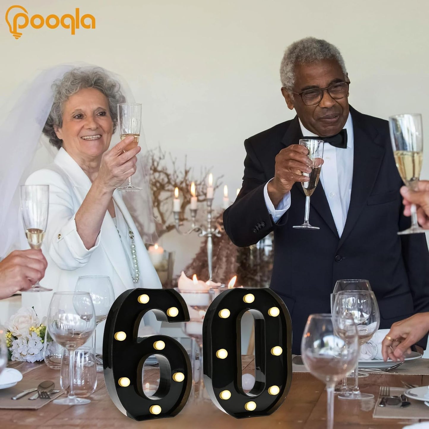 Pooqla Decorative Led Light Up Number Letters, Black Plastic Marquee Number Lights Sign for 60th Birthday Party Wedding Decor Battery Operated Black Decoration 60