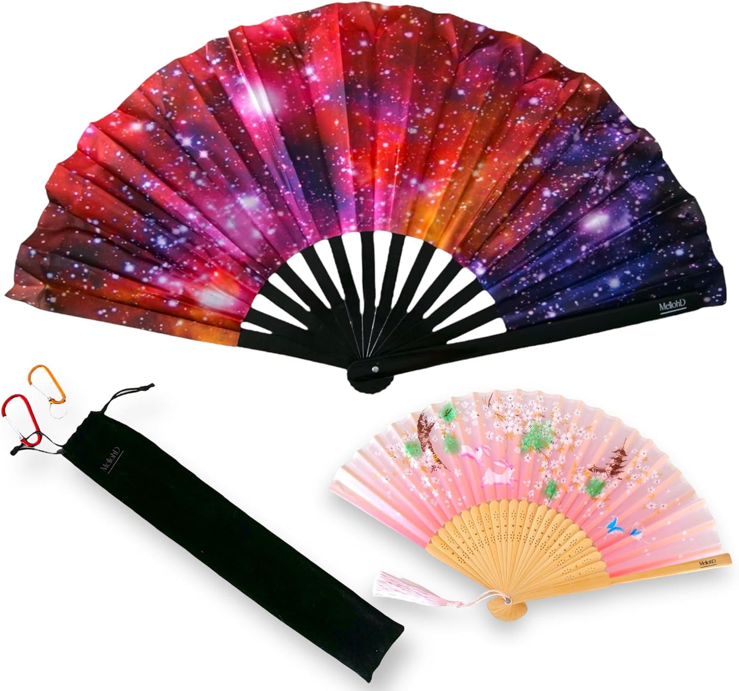 Rave Fan - Large Folding Fans (2 Pack) - Galaxy Rave Accessories for Festivals, EDM, Burlesque, Drag Queen, Raver Gifts
