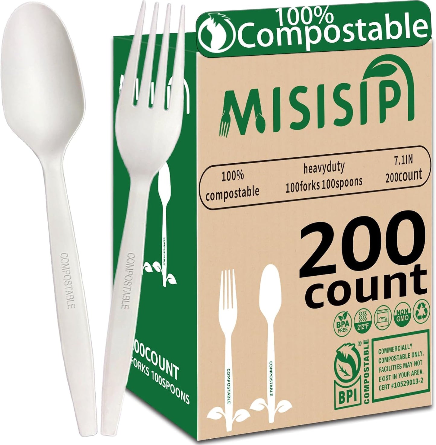MISISIPI [7In 200Pcs] 100% Compostable Forks and Spoons Utensils Cutlery Silverware Heavyduty Eco-friendly Disposable Plastic free Forks and Spoons Utensils Cutlery Silverware for Party BBQ Lounge