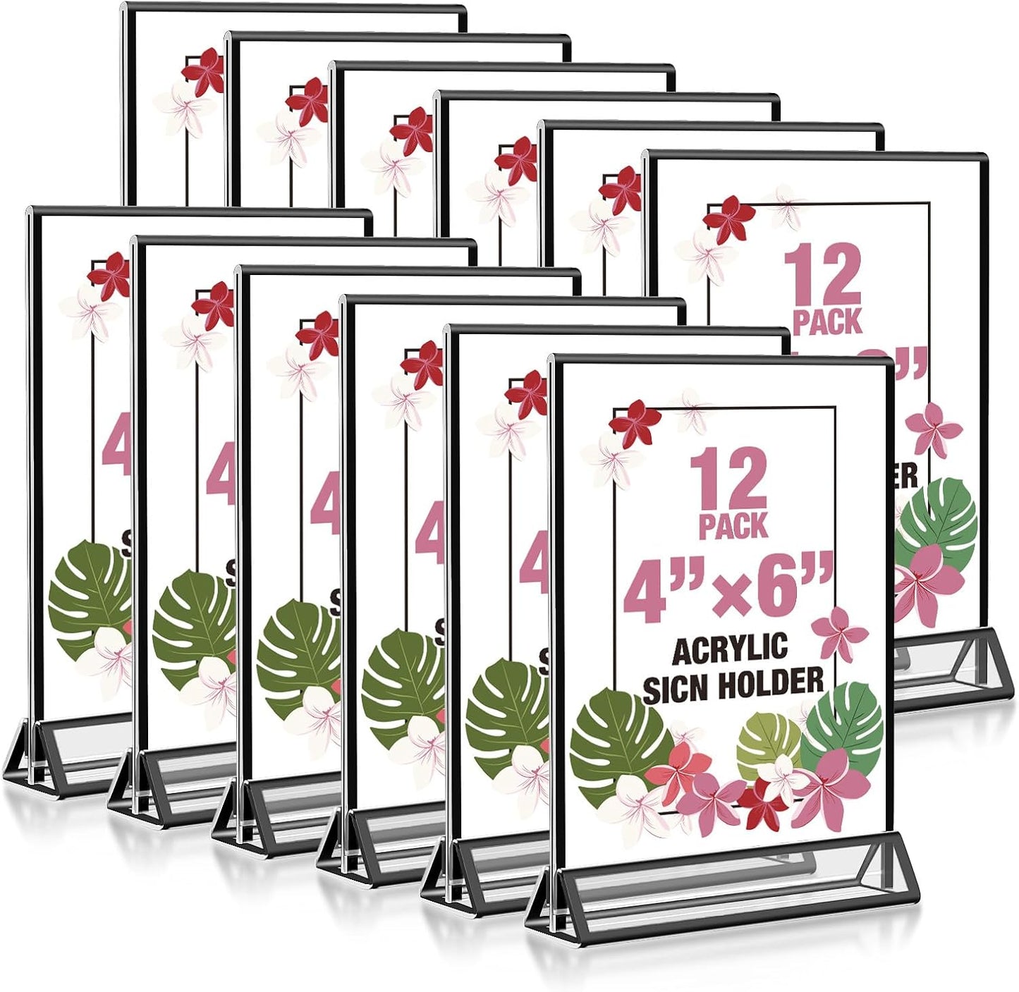 Acrylic Black Sign Holders 4x6, 12 Pack Wedding Black Table Number Holders, Double Sided Photo Display Picture Frame Paper Stand, Clear Flyer Stand Menu Holder for Wedding, Home, Party, Restaurant