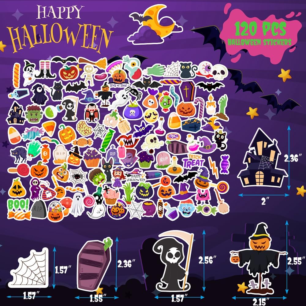 120 Pcs Halloween Stickers, Halloween Stickers for Kids, Kids Halloween Party Favors Classroom Crafts, Decorations, Gifts, Halloween Party Supplies