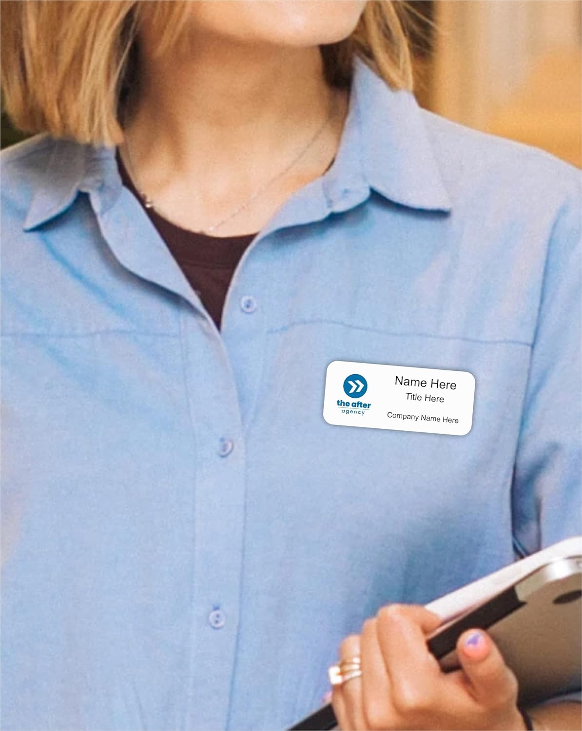 Custom Name Tag with Logo - Personalized Name Badge with Magnet Backing - Choose Your Size and Color (White Metal 3"x1.25" - Logo on Left)