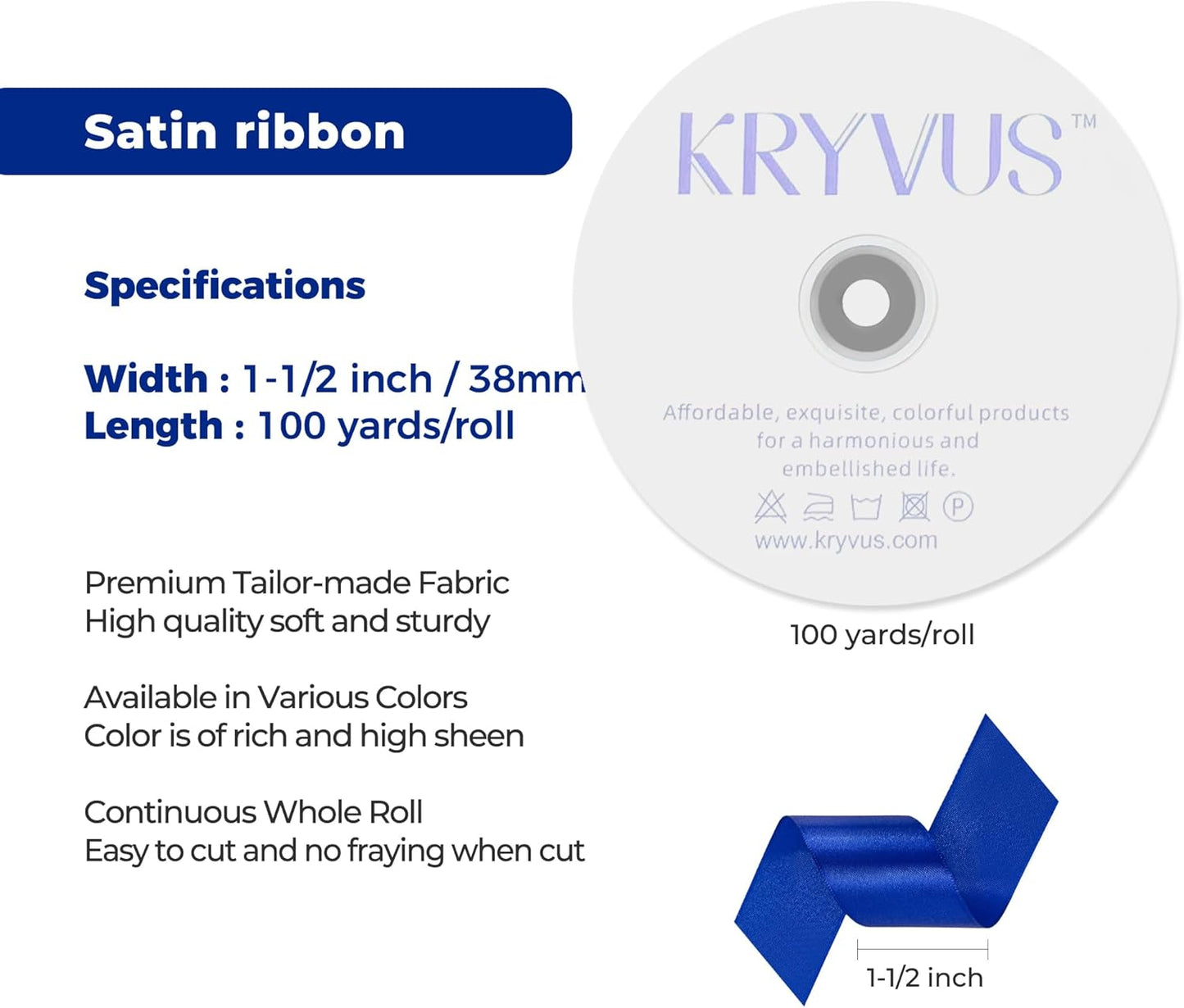 Royal Blue Satin Ribbon 1-1/2 inch X Continuous 100 Yards, Single Face Polyester Ribbon Perfect for Gift Wrapping, Flower Bouquet, Wedding Decor, Crafts, Bow Making, Sewing and More