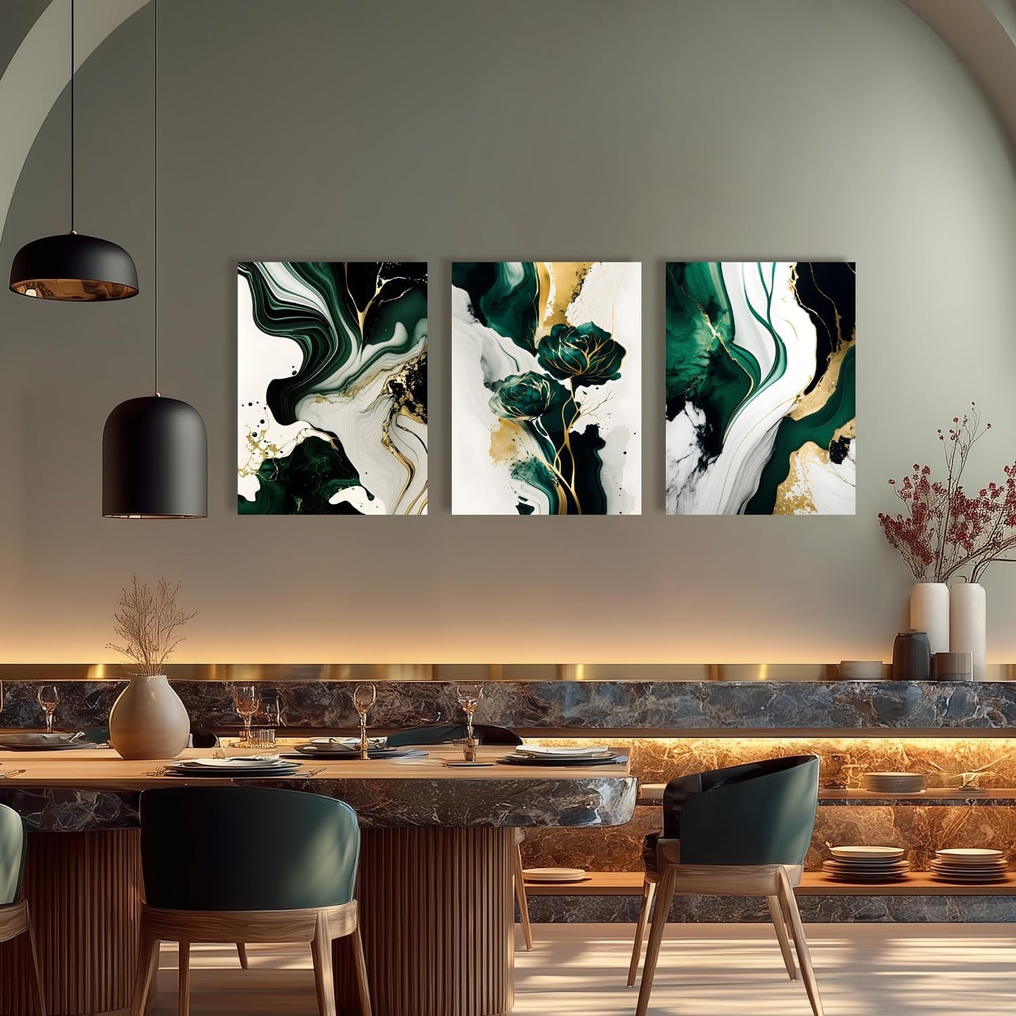 IAFWZX Framed Green Gold Abstract Wall Art, Emerald Marble Textured Wall Decor, Contemporary Line Flower Canvas Paintings, Abstract Floral Poster Prints for Living Room Bedroom Office 12"x16"x3