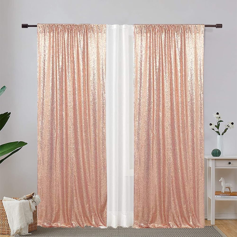 Sequin Backdrop Curtain Eternal Beauty Valentine's Day Glitter Panel Background for Wedding Party Decor (2 Packs, W3 x H7FT,Rose Gold)