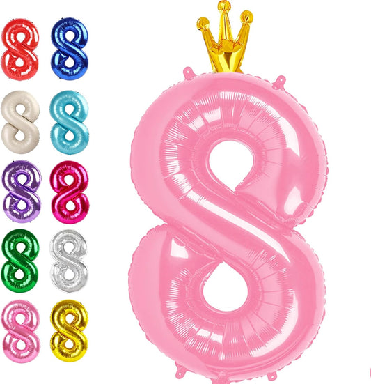 Helium Foil Pink Crown Number 8 Balloon 40 Inch, Mylar Eight Numbers 8 18 28 38 48 58 80 88 Birthday Balloons, Pink Crown Women Men Anniversary Graduations Party Supplies