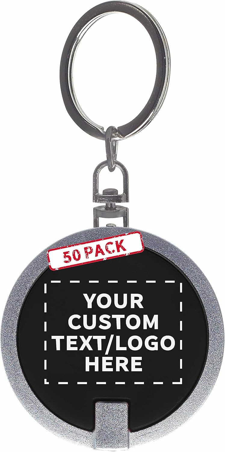 DISCOUNT PROMOS 50 Round LED Keychains - Customizable Text, Logo - Battery included, Plastic - Black