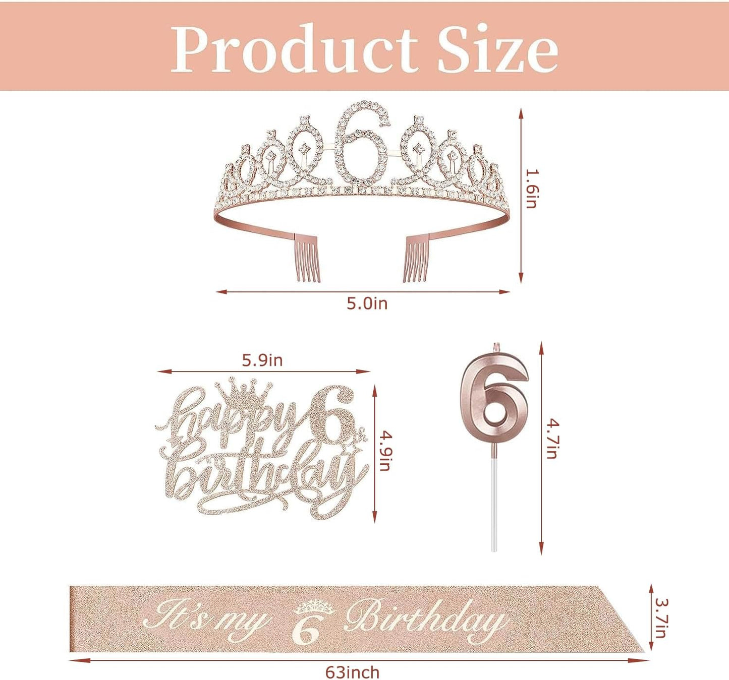 6th Birthday Decorations for Girl Including Sash, Crown, Numeral Candle and Cake Topper, 6 Year Old Birthday Decorations Rose Gold Party Favor Supplies