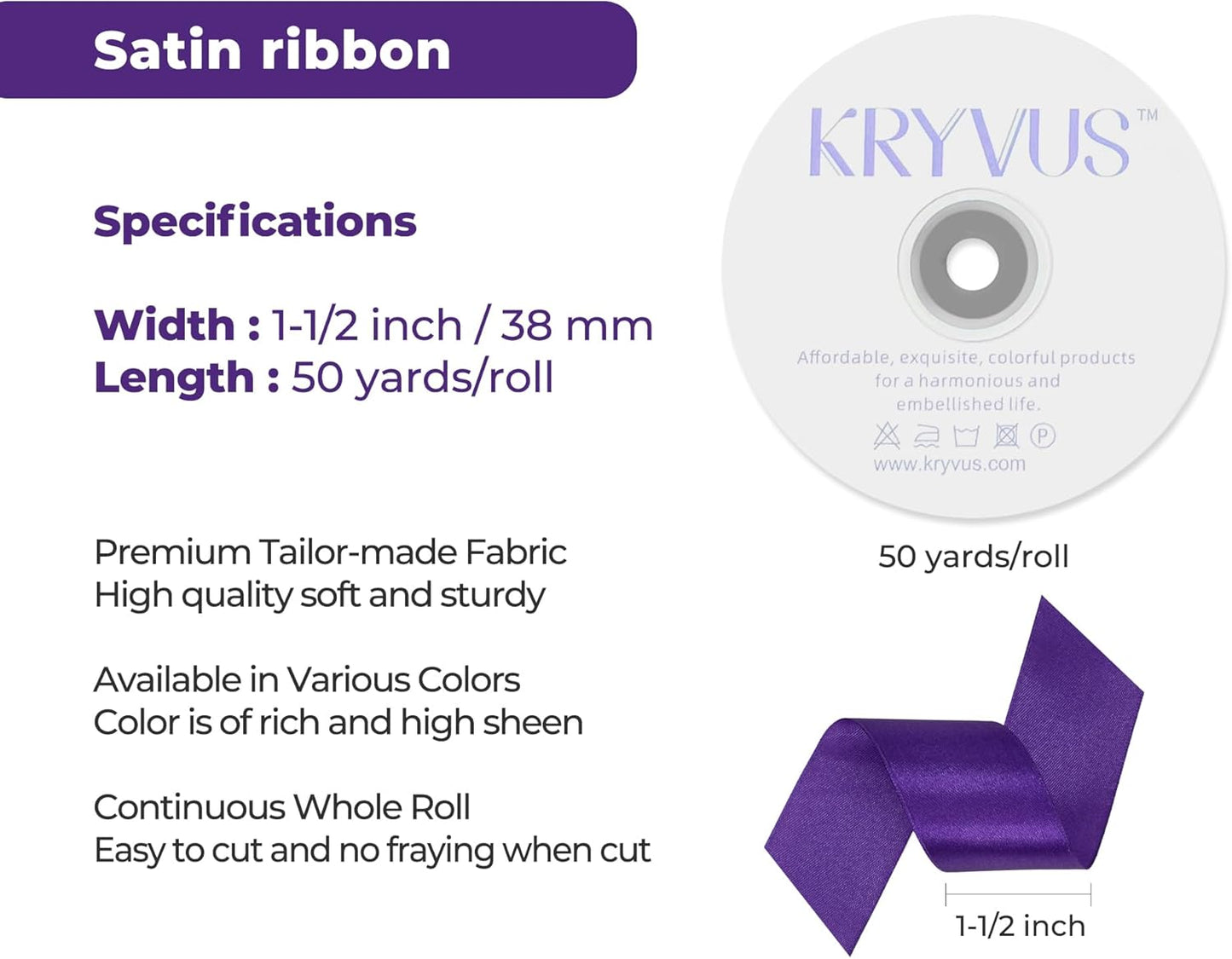 Purple Satin Ribbon 1-1/2 inch X Continuous 50 Yards, Single Face Polyester Ribbon Perfect for Gift Wrapping, Flower Bouquet, Wedding Decor, Crafts, Bow Making, Sewing and More