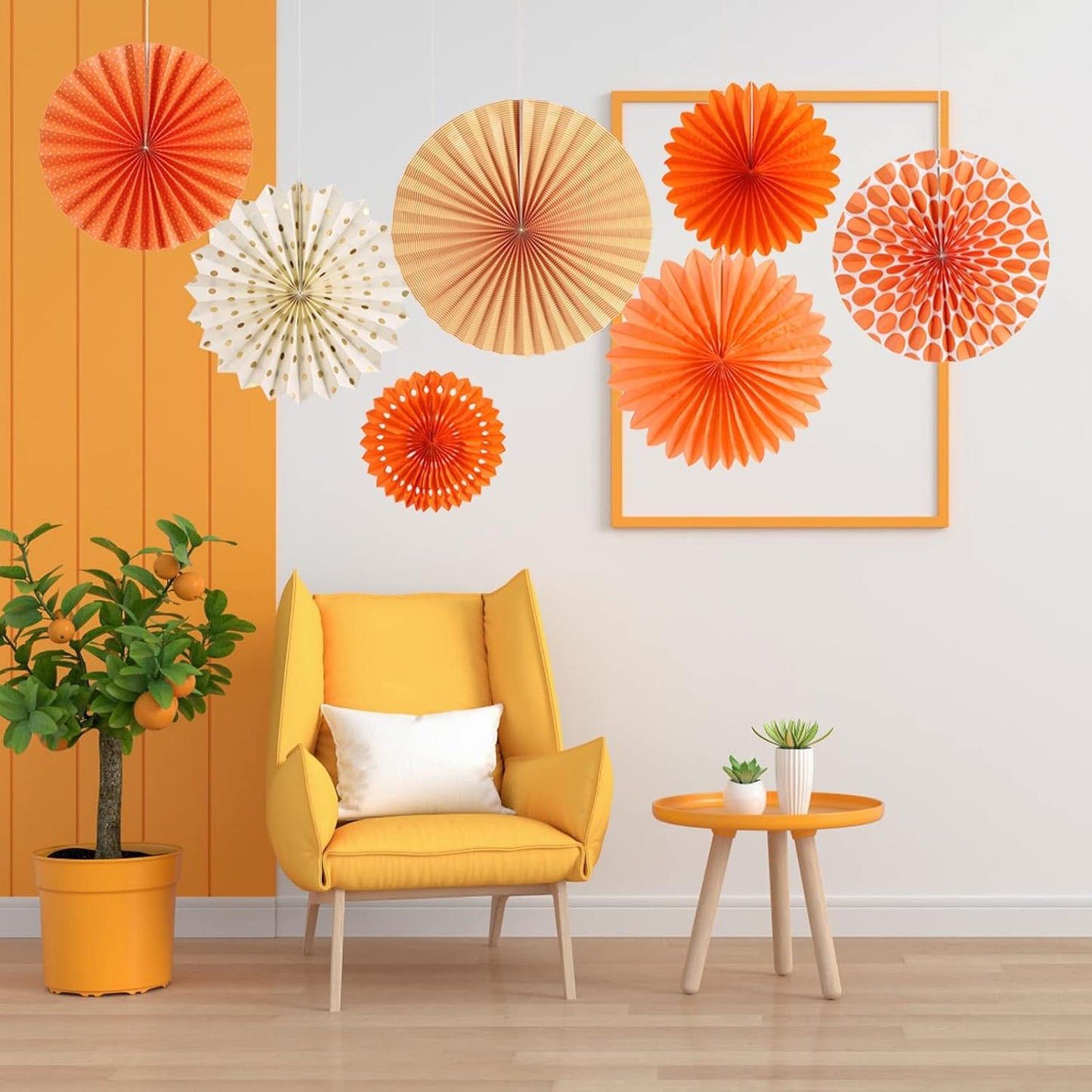 Easy Joy Paper Fans Party Decorations Orange Hanging Paper Fans Sunshine Party Decorations Birthday Wedding Home Classroom Party Hanging Decoration, Set of 7
