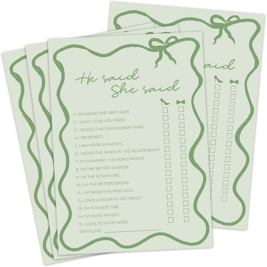 DEEKA 30 PCS Bridal Shower Games Card for 30 Guests Sage Green Wavy Border Ribbon Bow Funny Wedding Bachelorette Party Games for Reception (He Said She Said)