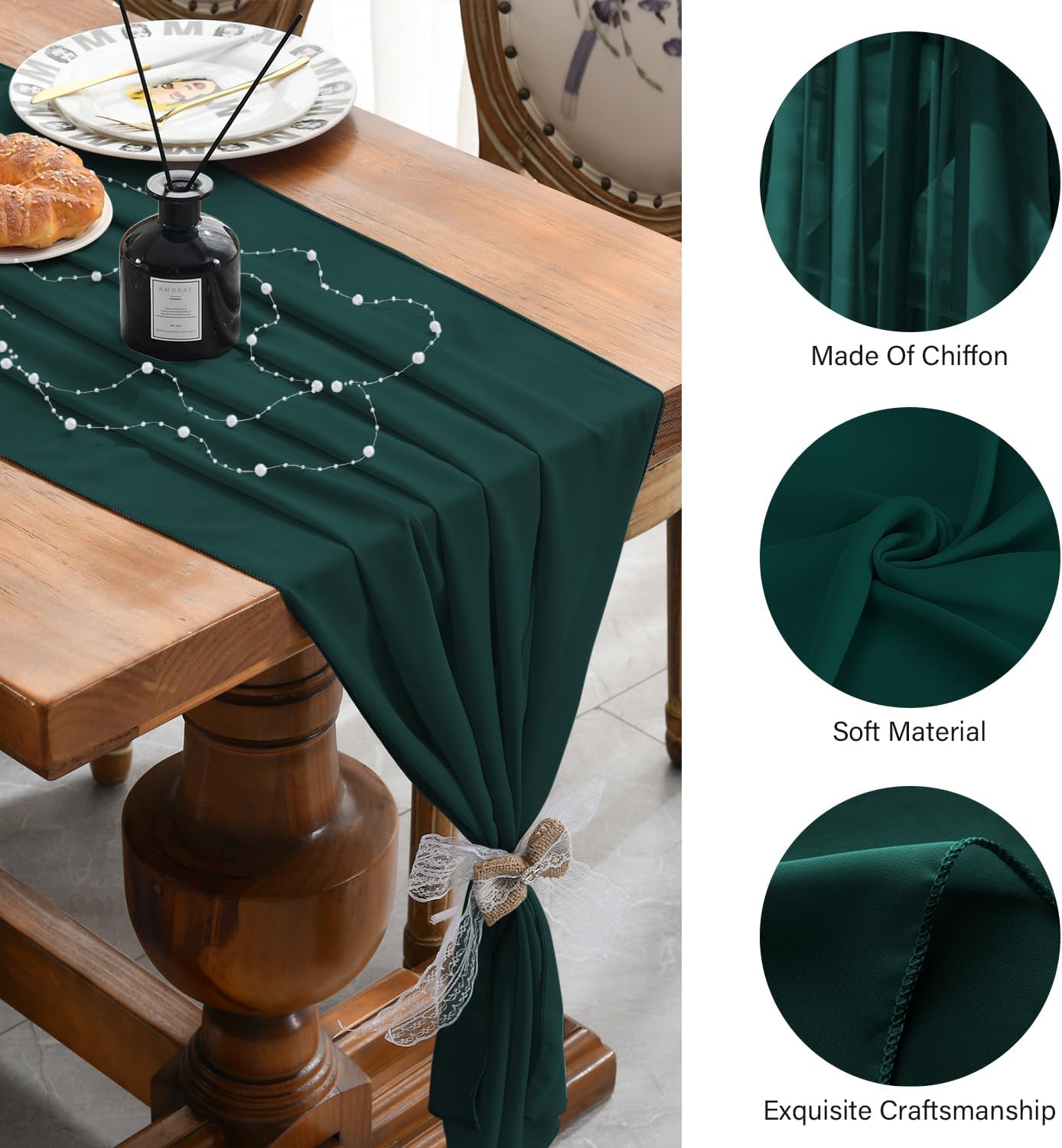 2 Pack 10 Ft Chiffon Table Runner Emerald Green Gauze Long Table Runners 27x120 Inches Sheer Tulle Table Runner for Rustic Wedding Reception Bridal Shower Decorations Birthday Party