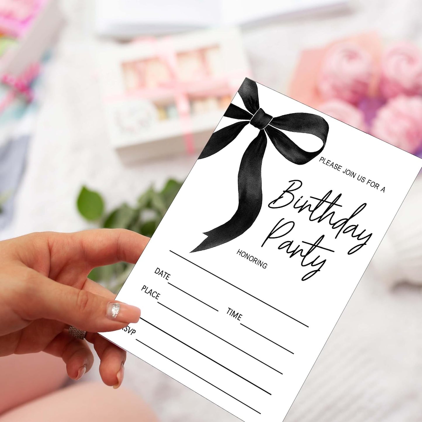 SIXEIGHT Black Bow Birthday Invitations, Black Ribbon Bow Birthday Party Invitations, 20 Party Invitations with Envelopes for Girls Boys, Birthday Party Favor & Decoration (4"x6")-A08