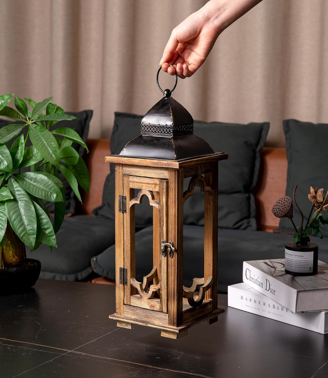 Large Farmhouse Decorative Wooden Lantern Set of 2, Rustic Brown Floor Lanterns, Indoor/Outdoor Hurricane Lanterns for Home Decor (No Glass)