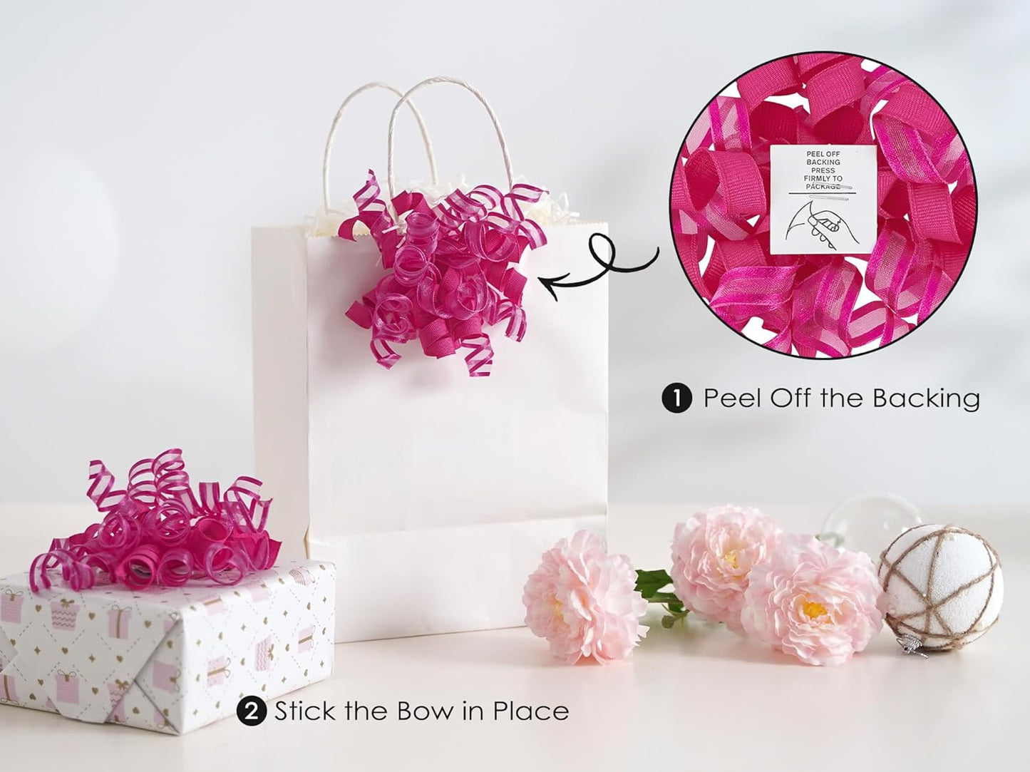 HUIHUANG Hot Pink Bows for Gift Wrapping Curly Gift Bow 5 inch x 8 Counts Self-Adhesive Ribbon Bows for Presents, Paper Bag, Party Favors, Wrapping Accessories, Holiday Wedding Decoration