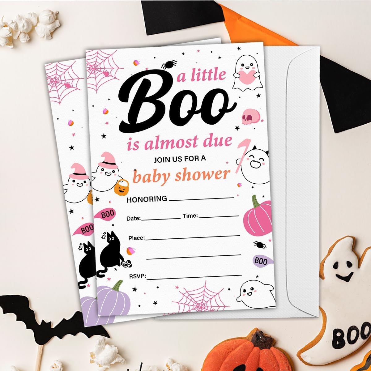 Halloween Baby Shower Party Invitations for Girl Cute Spooky Ghost Boo Baby Shower Party Fill in Invites Cards With Envelopes (20 Count) Double Sided Design, a Little Boo Is Almost Due