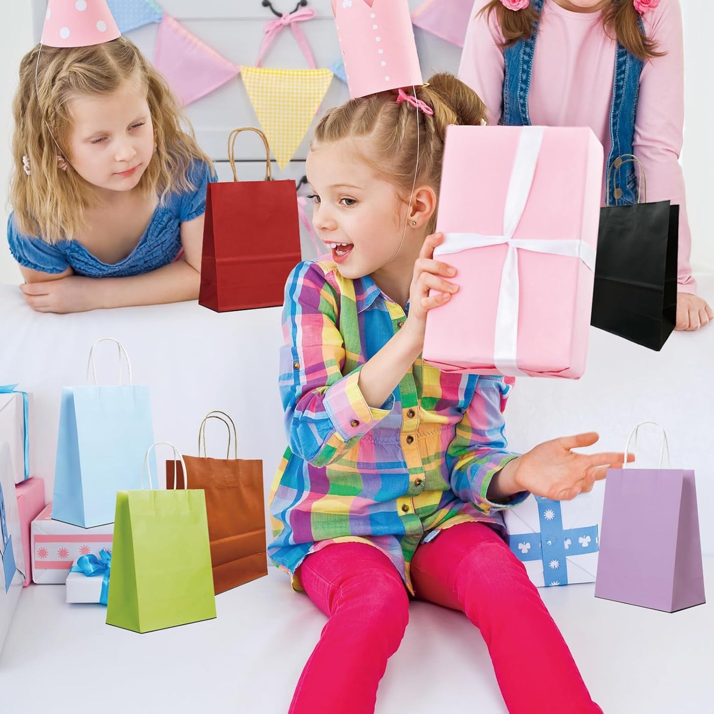 BAG BOX 100 Pack 5.9x3.1x8.25 Inch Purple Gift Bags with Handles,Bulk Kraft Paper Bags for Shopping, Retail, Merchandise, Wedding, Party Favors, Paper Grocery Sacks