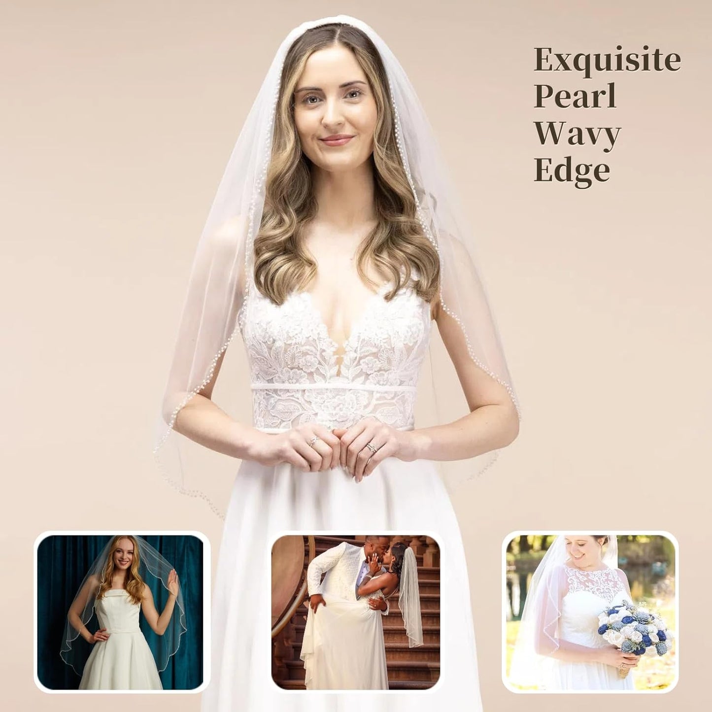 Bridal Veils Pearls and Crystals Beaded Edge Fingertip Length Wedding Veil for Women