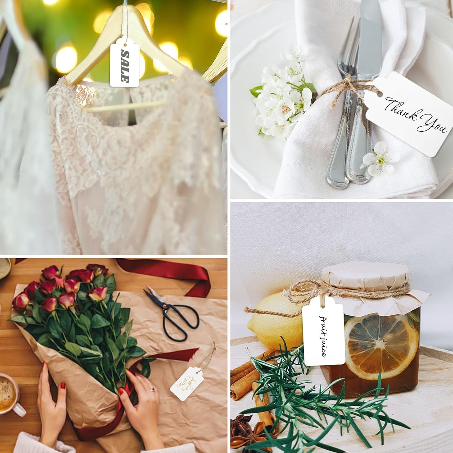 SallyFashion 300PCS Gift Tags with String Attached, 1.7 x 2.8 inch Kraft Paper Hang Tags for Clothes DIY Crafts Wedding Holiday (White)