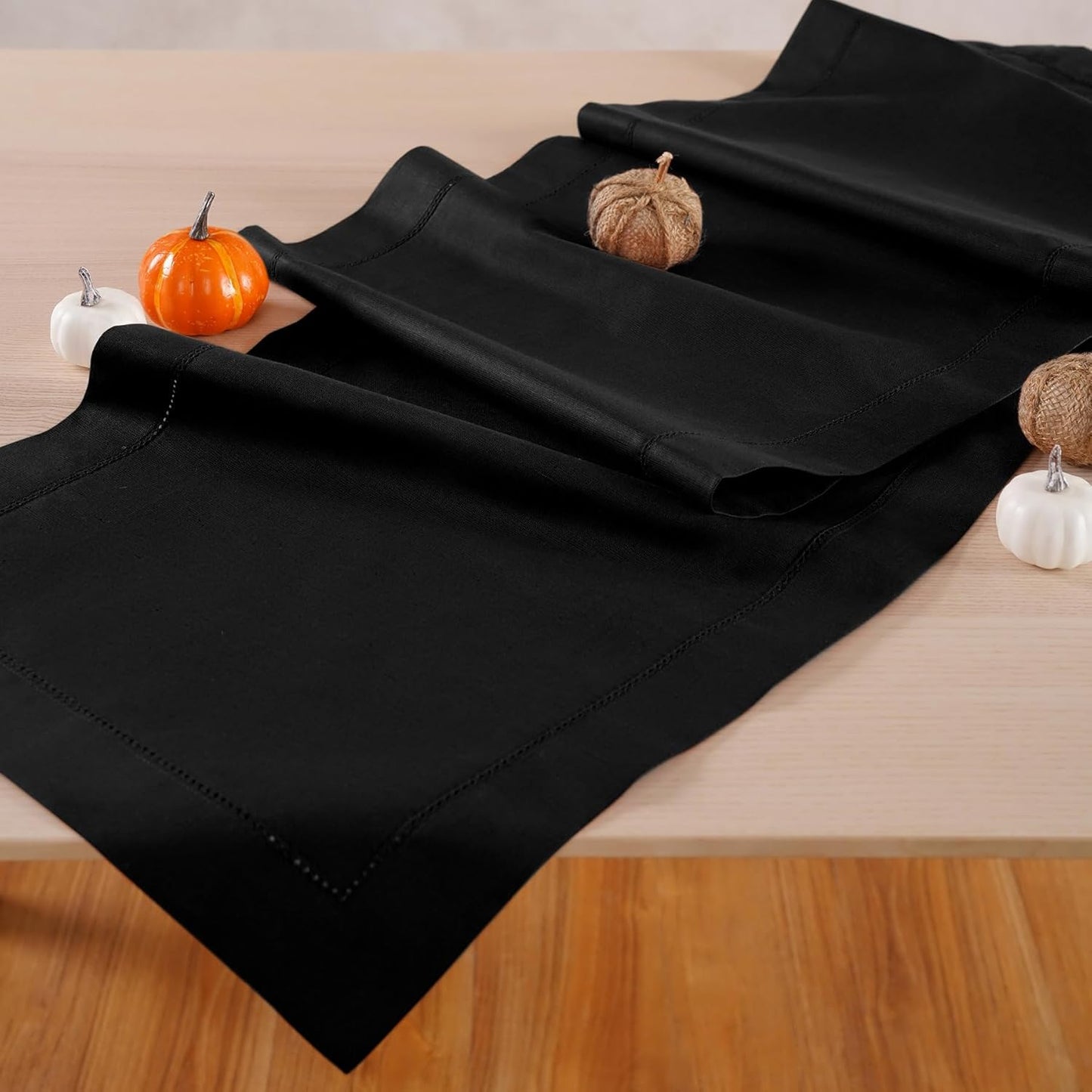 Black Table Runner 36 Inch – Cotton Linen Hemstitch Farmhouse Table Runner 14x36 – Washable Fabric for Fall, Halloween, Thanksgiving, Everyday Dining & Décor – Serena
