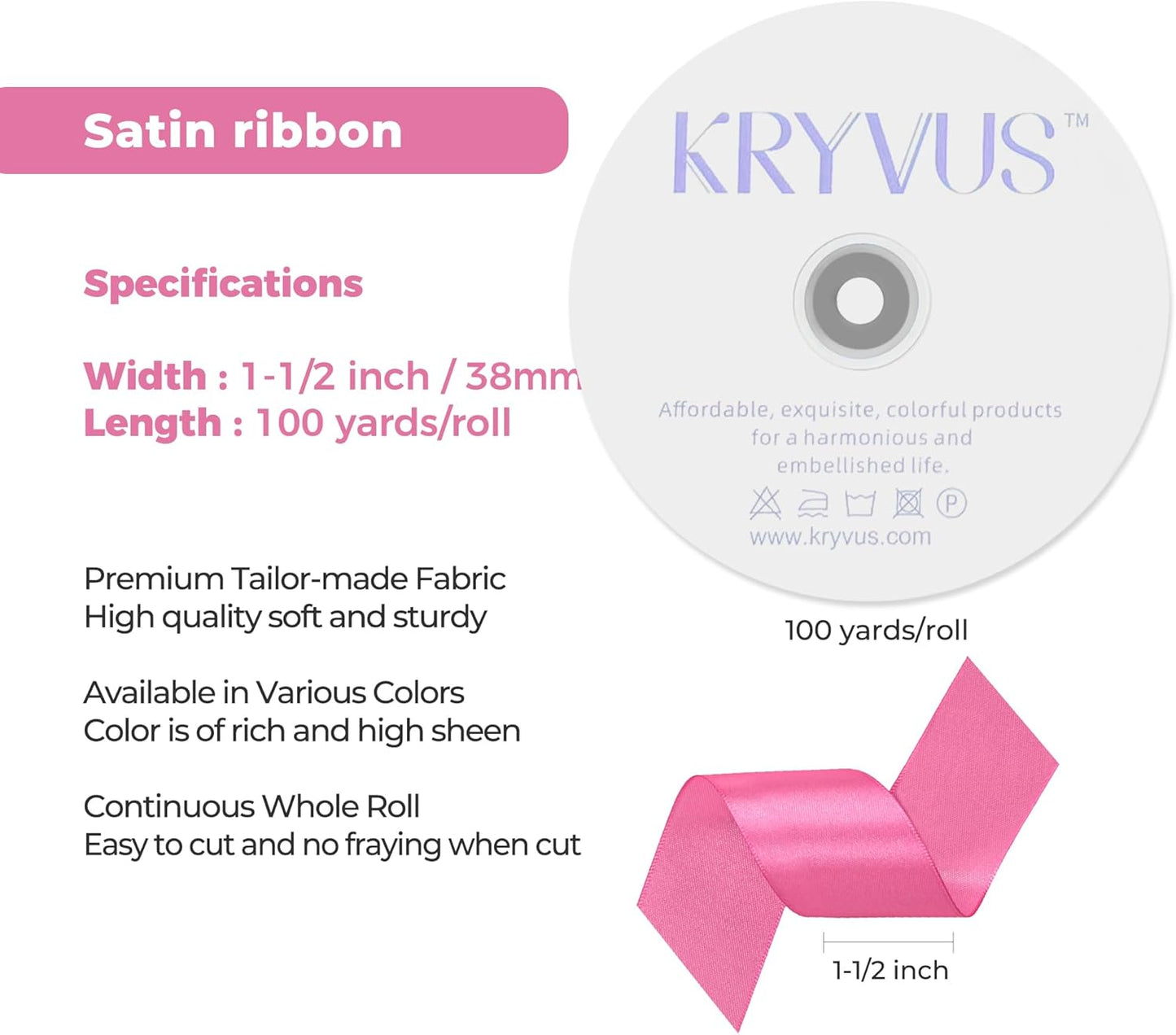 Hot Pink Satin Ribbon 1-1/2 inch X Continuous 100 Yards, Single Face Polyester Ribbon Perfect for Gift Wrapping, Flower Bouquet, Wedding Decor, Crafts, Bow Making, Sewing and More