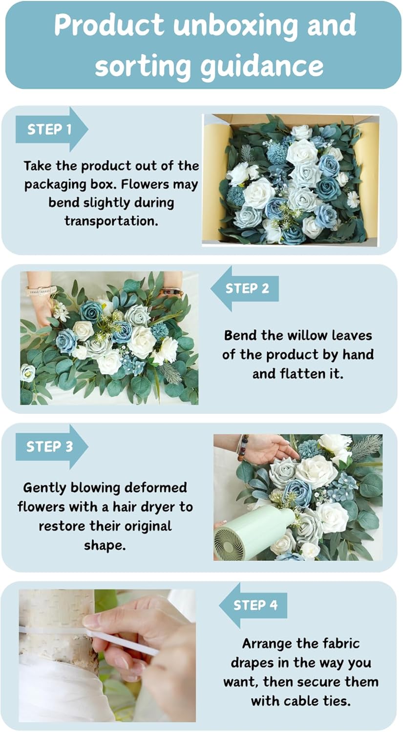 Artificial Arch Flowers Kit(Pack of 4),2Pcs Artificial Flower Arch Decor, 2Pcs Drapes, Ceremony and Reception Background Rose Decoration, Grayish Blue Floral Outdoor Party Decor