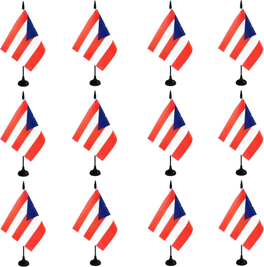 Puerto Rico Desk Flag, 12 Pack Puerto Rican Table Office Flag with Black Solid Pole and Stand Base, International Country Flag, Festival Celebration, Classroom Meeting Desktop Decor (Puerto Rico)